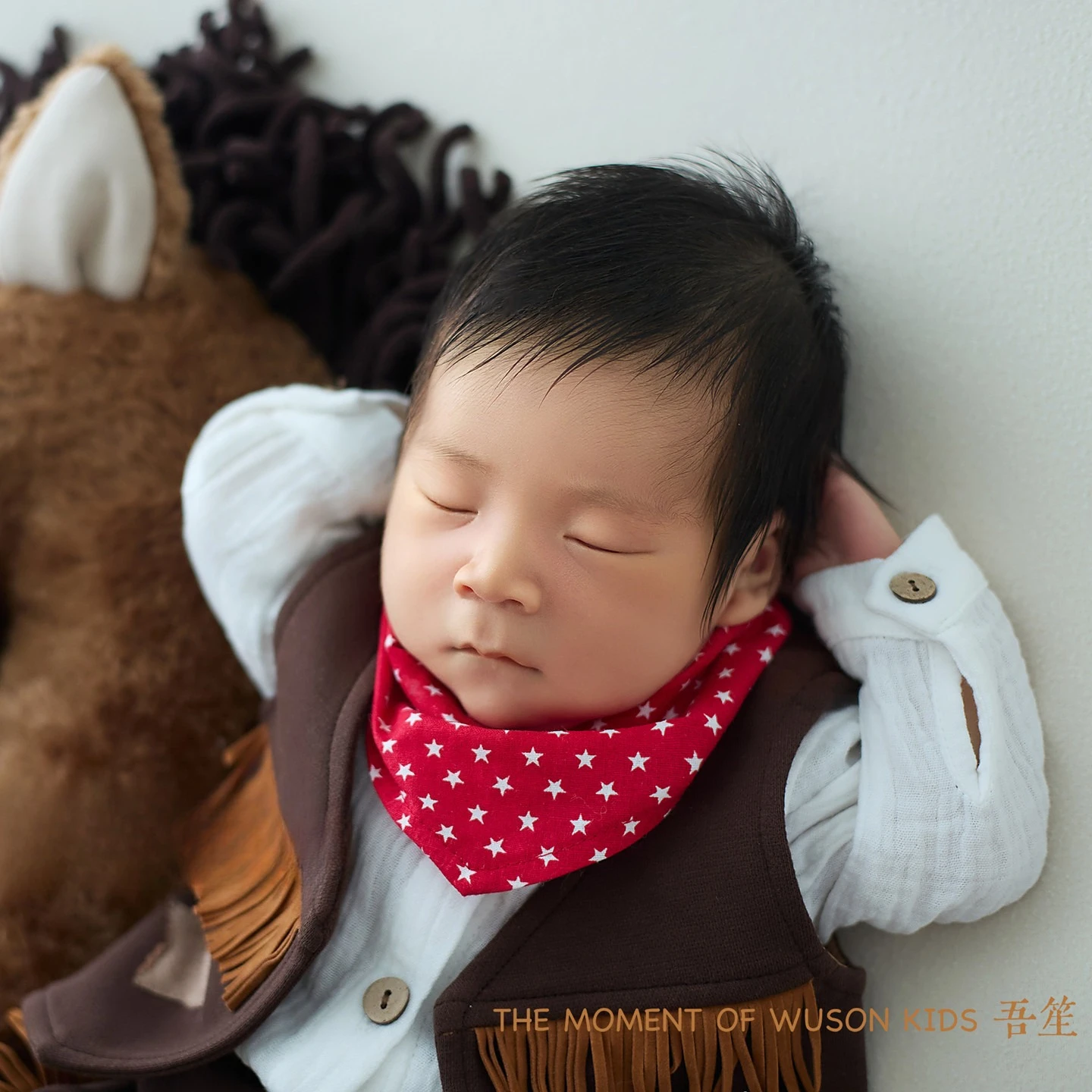 Newborn Photography Props for Baby Photoshoot Cute Posing Horse Doll with Cool Cowboy Outfit Set Backdrop Set for Studio Shoots