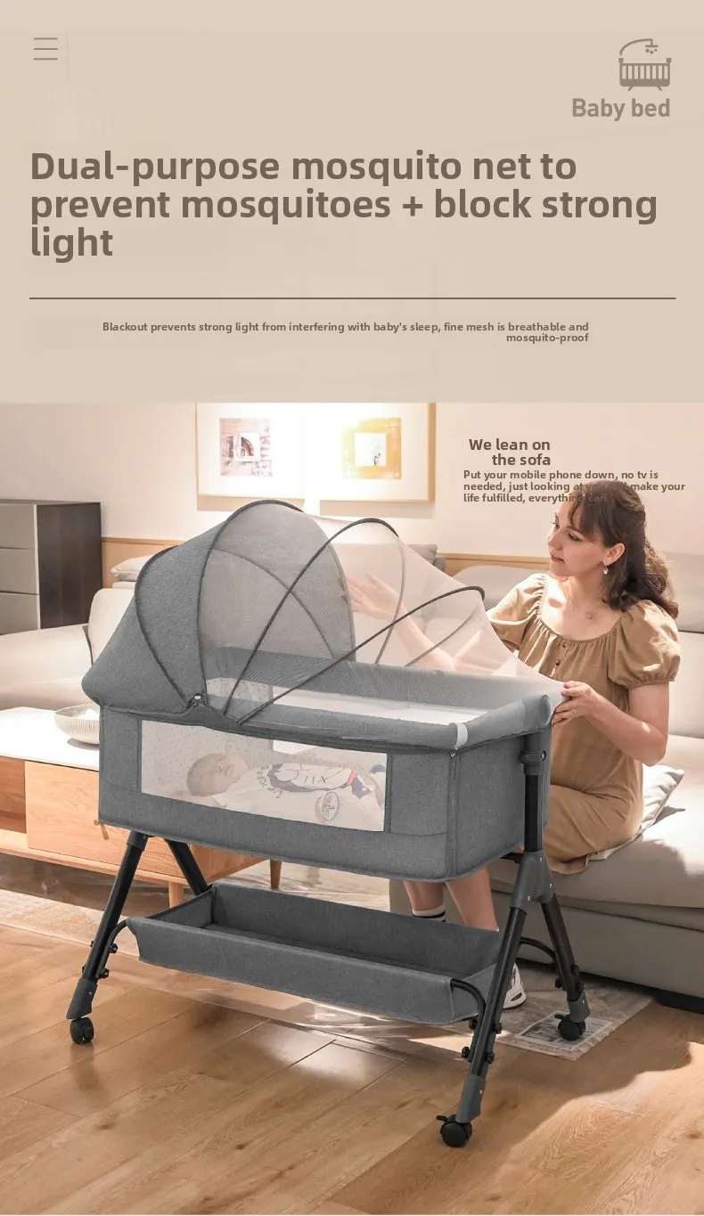Baby Bed Baby Swing Bed Multi Functional Three-Speed Height Adjustment Patchwork Bed Is Not Restricted Infant Bed with Mosquito Net