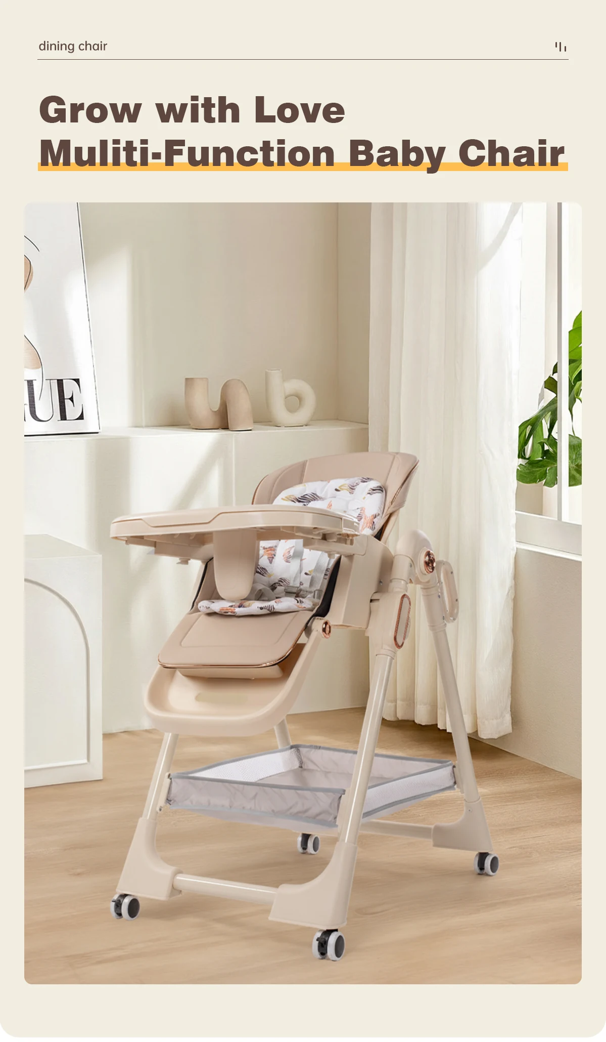 Multifunctional Baby High Chair Foldable Infant Dining Table Feeding Seat Reclining Sleep Cradle Aluminum Alloy Frame 4-Position Adjustable Food Tray Omnidirectional Lockable Brake Wheels Soft Cushion