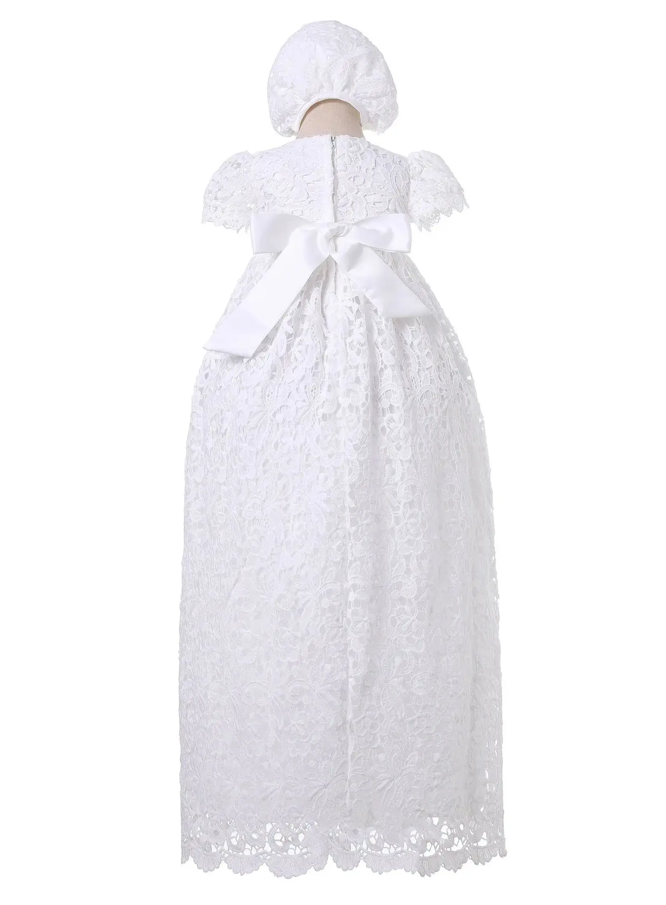 New Baby Girl Long Dresses White Lace Infant Girl Baptism Dress with Hat Kid Clothing