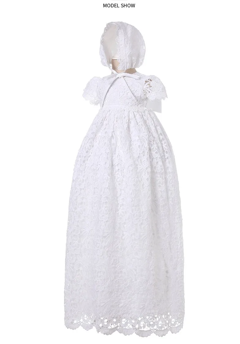 New Baby Girl Long Dresses White Lace Infant Girl Baptism Dress with Hat Kid Clothing