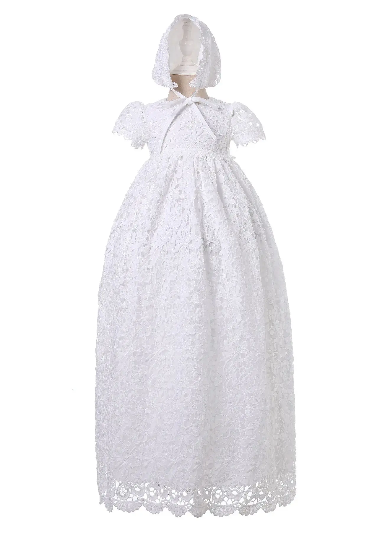 New Baby Girl Long Dresses White Lace Infant Girl Baptism Dress with Hat Kid Clothing