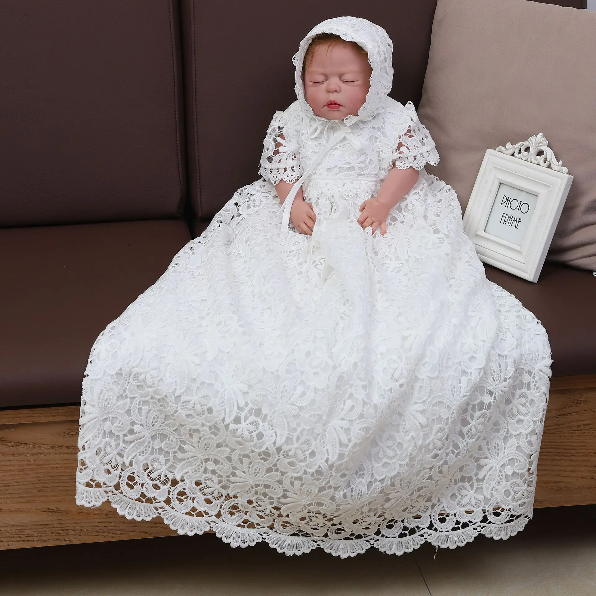 New Baby Girl Long Dresses White Lace Infant Girl Baptism Dress with Hat Kid Clothing
