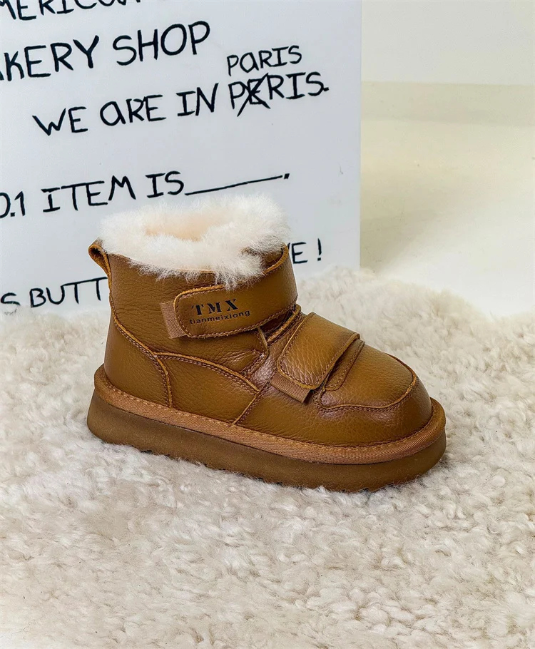 2025 Winter Children Snow Boots Genuine Leather Double Hook&Loop Warm Flush Kids Shoes Non-slip Fashion Girls Boys Boots