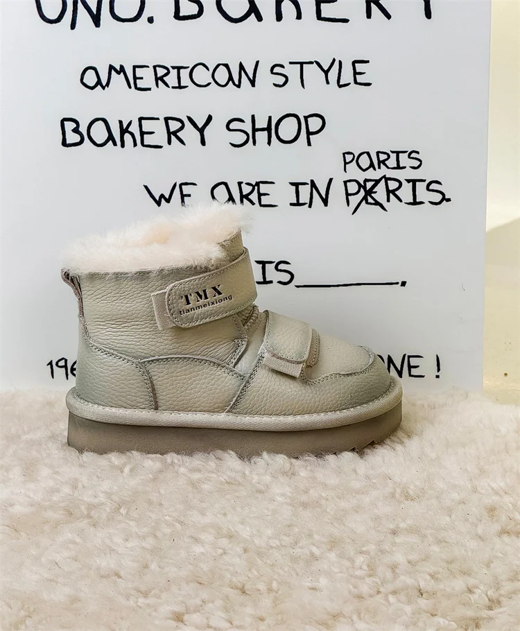 2025 Winter Children Snow Boots Genuine Leather Double Hook&Loop Warm Flush Kids Shoes Non-slip Fashion Girls Boys Boots
