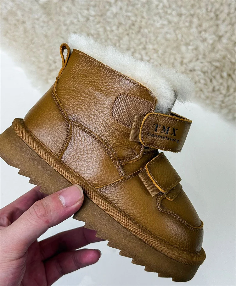 2025 Winter Children Snow Boots Genuine Leather Double Hook&Loop Warm Flush Kids Shoes Non-slip Fashion Girls Boys Boots