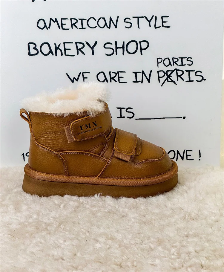 2025 Winter Children Snow Boots Genuine Leather Double Hook&Loop Warm Flush Kids Shoes Non-slip Fashion Girls Boys Boots