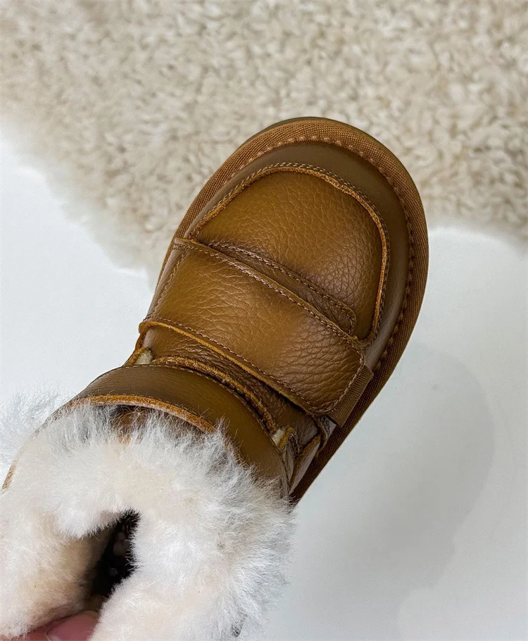 2025 Winter Children Snow Boots Genuine Leather Double Hook&Loop Warm Flush Kids Shoes Non-slip Fashion Girls Boys Boots