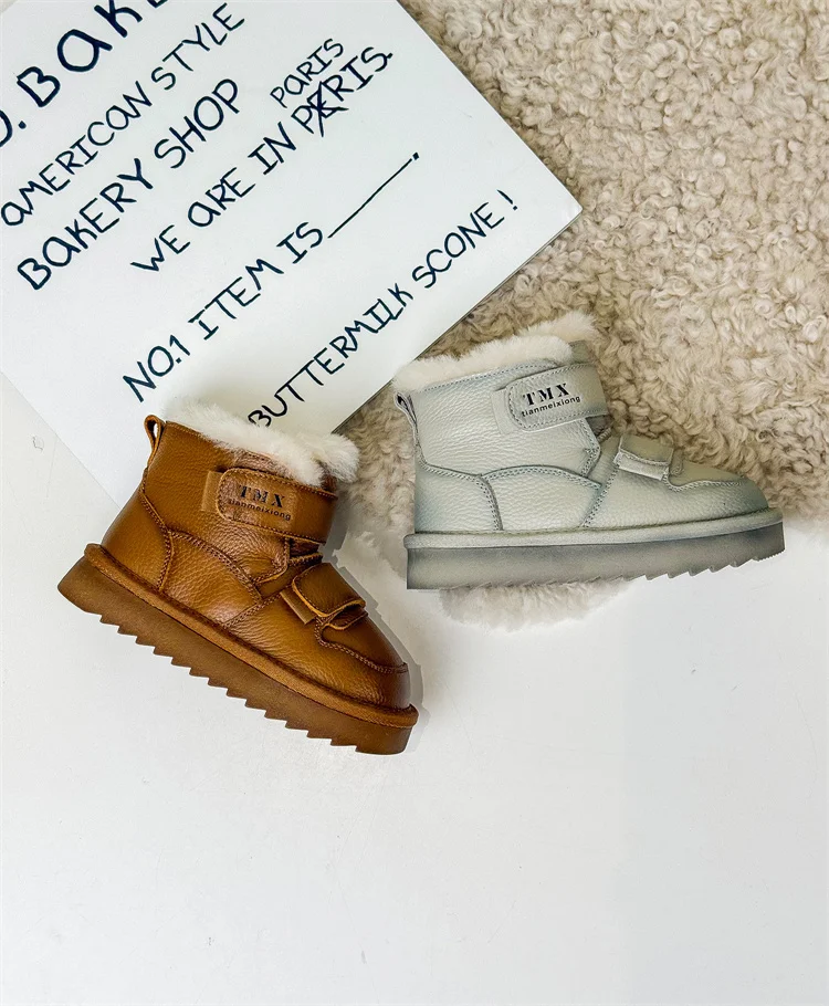 2025 Winter Children Snow Boots Genuine Leather Double Hook&Loop Warm Flush Kids Shoes Non-slip Fashion Girls Boys Boots