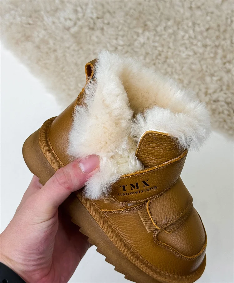 2025 Winter Children Snow Boots Genuine Leather Double Hook&Loop Warm Flush Kids Shoes Non-slip Fashion Girls Boys Boots