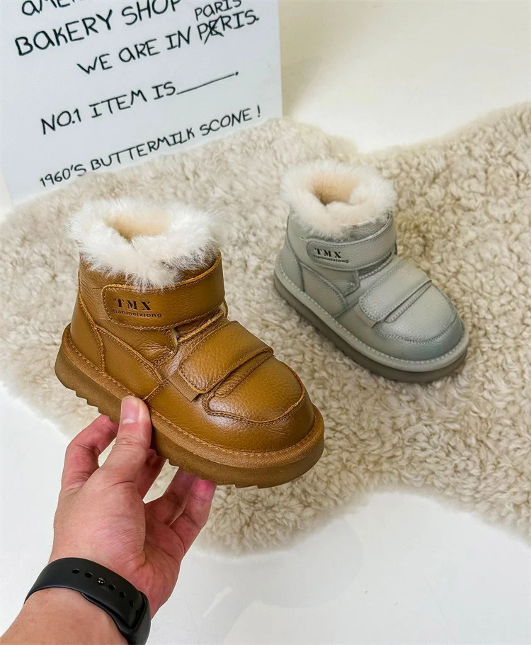 2025 Winter Children Snow Boots Genuine Leather Double Hook&Loop Warm Flush Kids Shoes Non-slip Fashion Girls Boys Boots