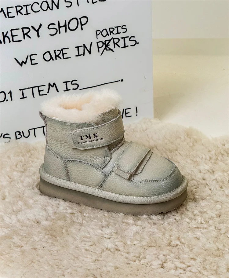 2025 Winter Children Snow Boots Genuine Leather Double Hook&Loop Warm Flush Kids Shoes Non-slip Fashion Girls Boys Boots