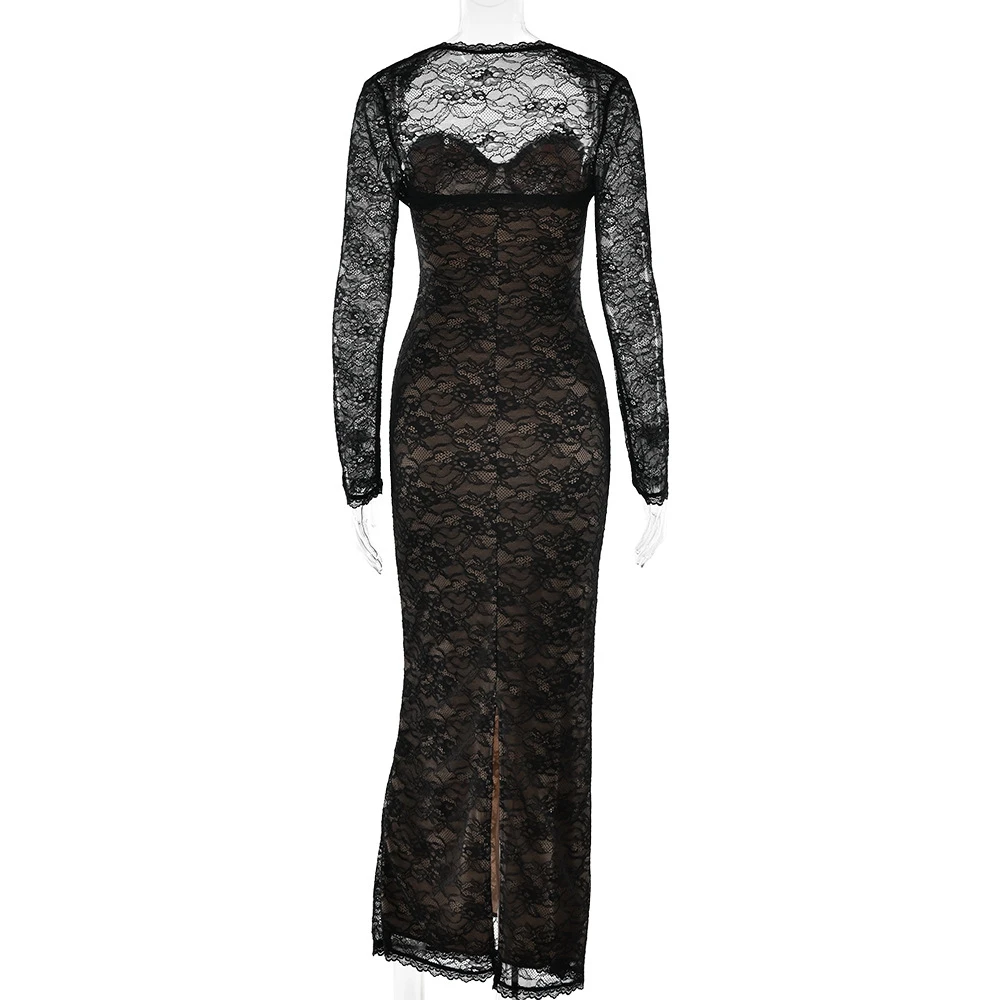 Elegant Black Lace Maternity Dress Sheer Long Sleeve Pregnancy Gown for Photoshoot Maternity Photography Prop Baby Shower Outfit