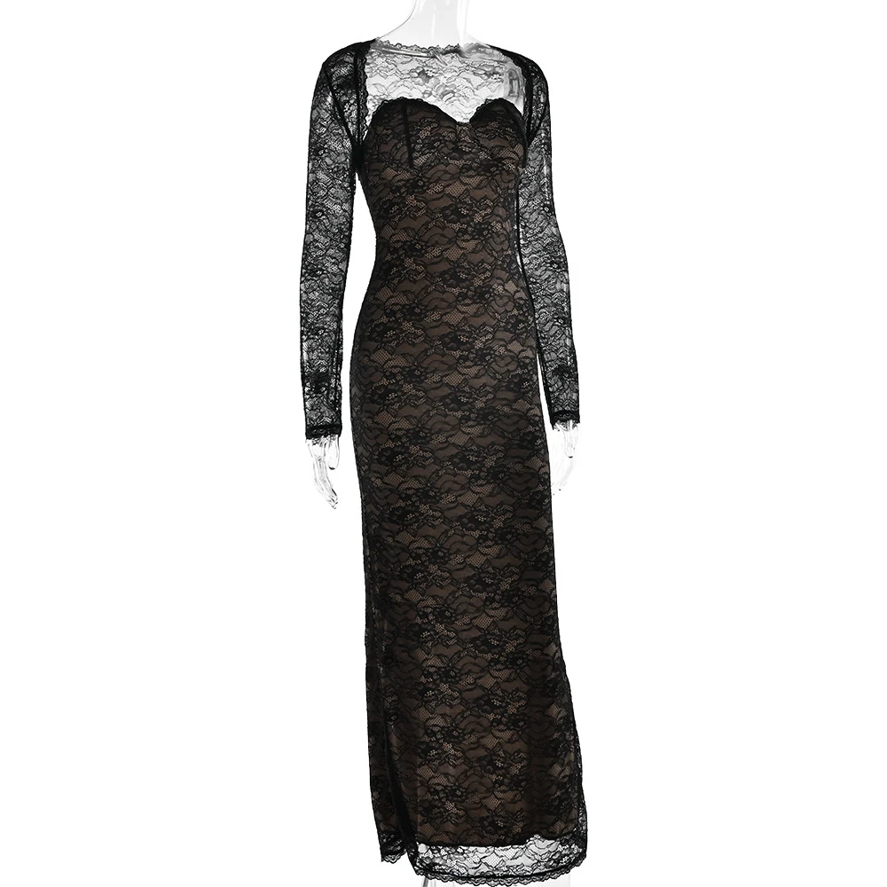 Elegant Black Lace Maternity Dress Sheer Long Sleeve Pregnancy Gown for Photoshoot Maternity Photography Prop Baby Shower Outfit