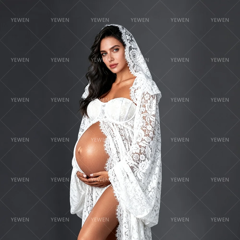Custom Lace Maternity Photoshoot Dress with Veil for Pregnant Women Boho Pregnancy Photography Gown Baby Shower Outfit