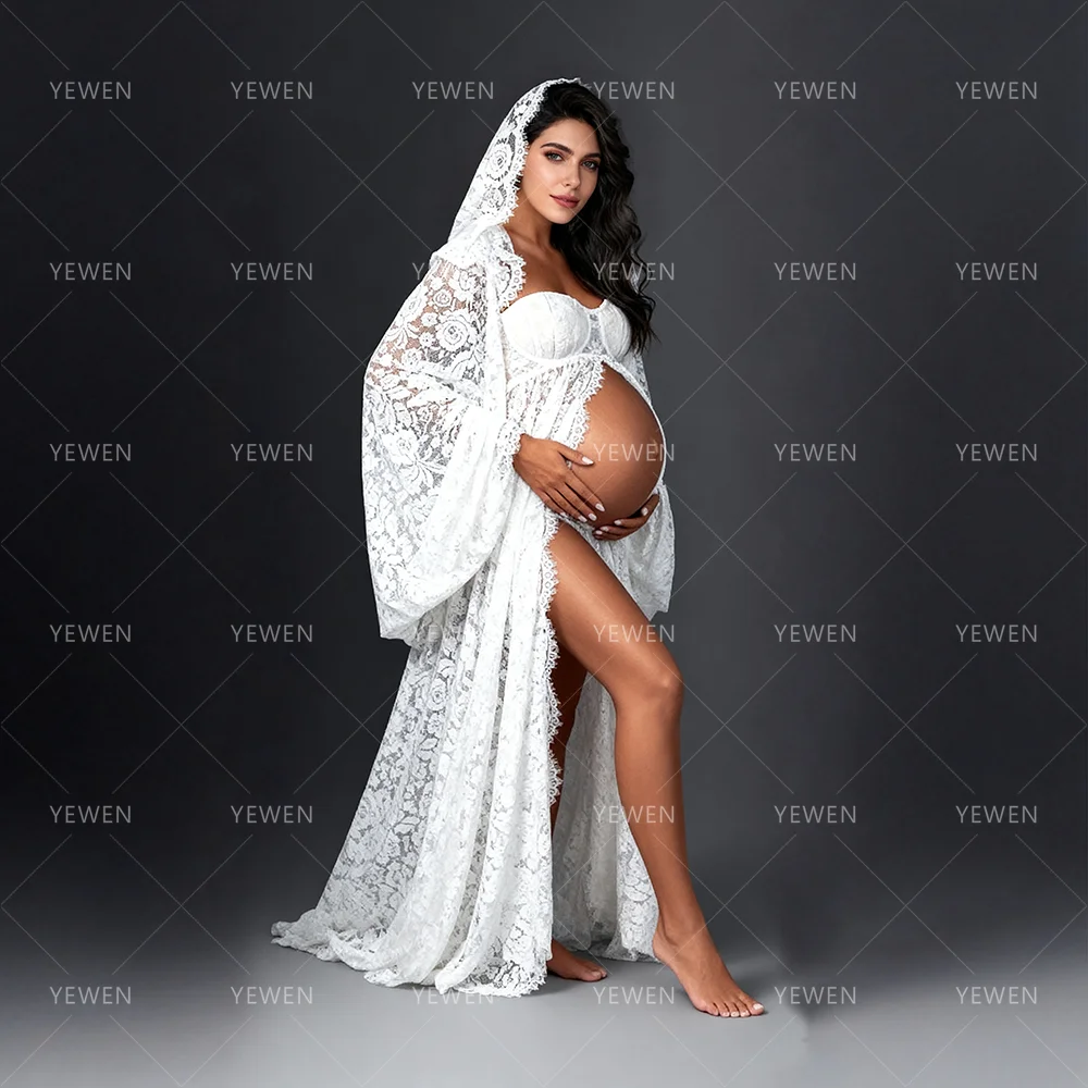 Custom Lace Maternity Photoshoot Dress with Veil for Pregnant Women Boho Pregnancy Photography Gown Baby Shower Outfit