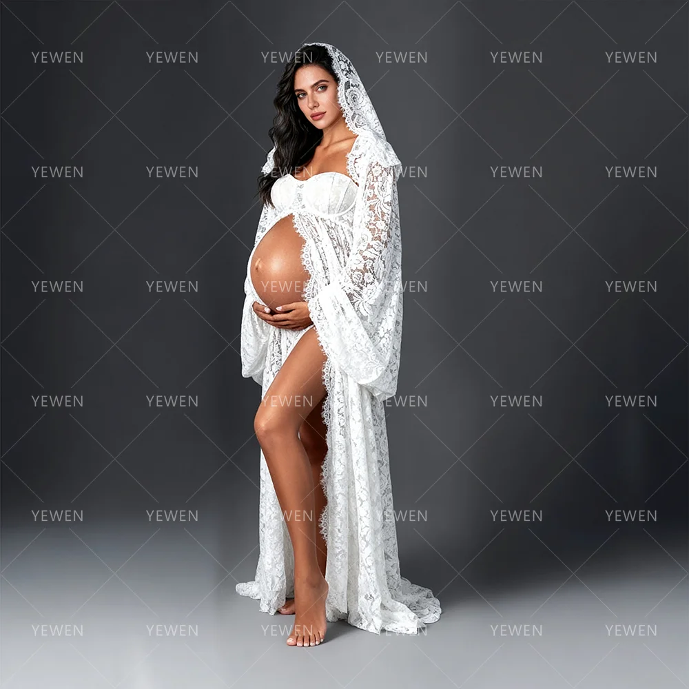 Custom Lace Maternity Photoshoot Dress with Veil for Pregnant Women Boho Pregnancy Photography Gown Baby Shower Outfit