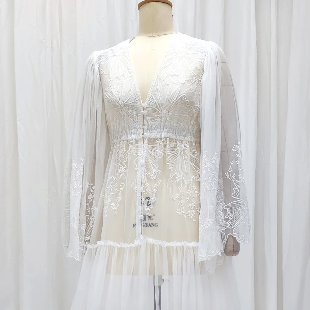 Maternity Gown For Photo Shoot Elegant Cotton Thread Embroidered Soft Mesh Outer Robe Grossese Shooting Photo Baby Shower Dress