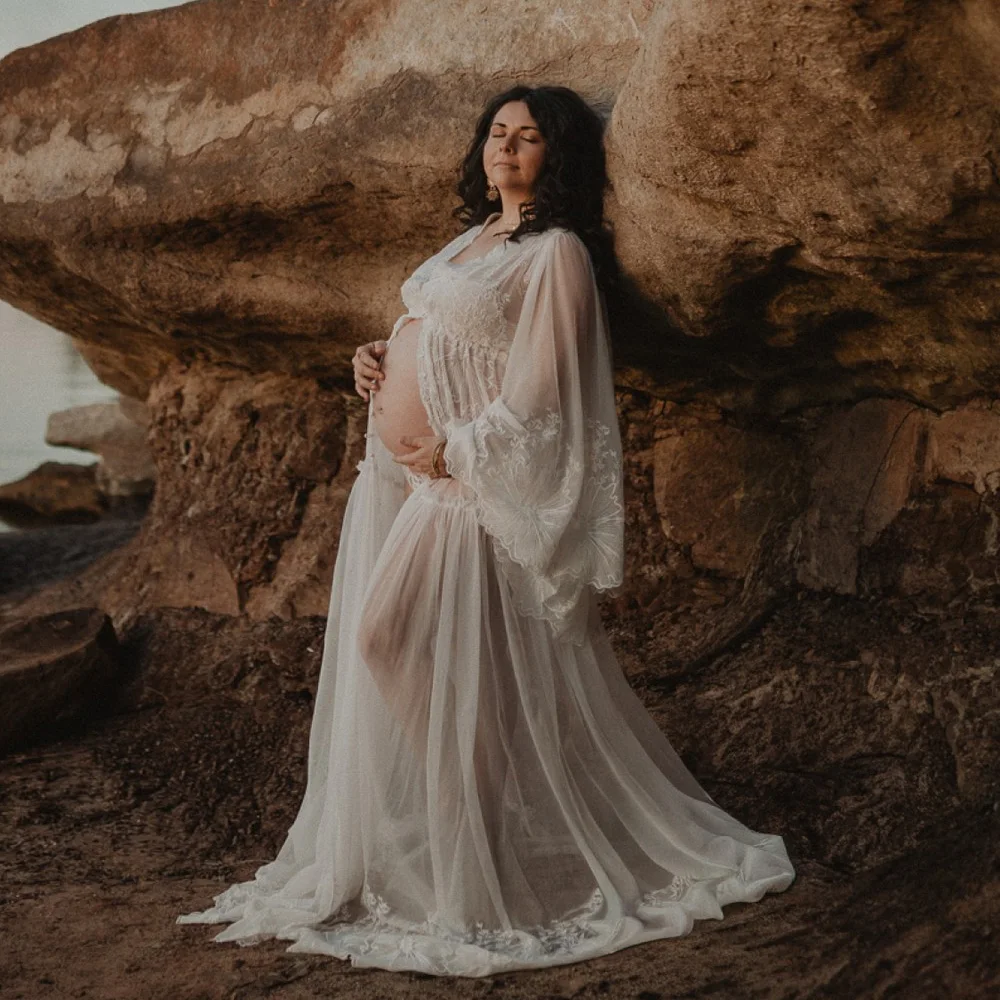 Maternity Gown For Photo Shoot Elegant Cotton Thread Embroidered Soft Mesh Outer Robe Grossese Shooting Photo Baby Shower Dress