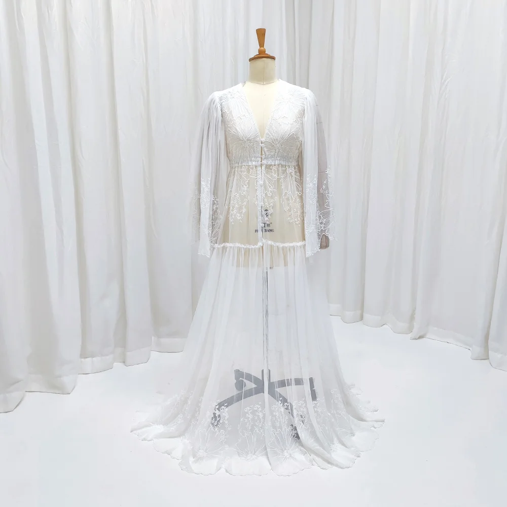 Maternity Gown For Photo Shoot Elegant Cotton Thread Embroidered Soft Mesh Outer Robe Grossese Shooting Photo Baby Shower Dress