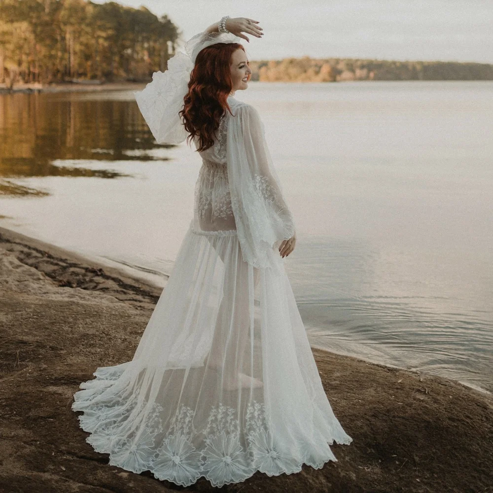 Maternity Gown For Photo Shoot Elegant Cotton Thread Embroidered Soft Mesh Outer Robe Grossese Shooting Photo Baby Shower Dress