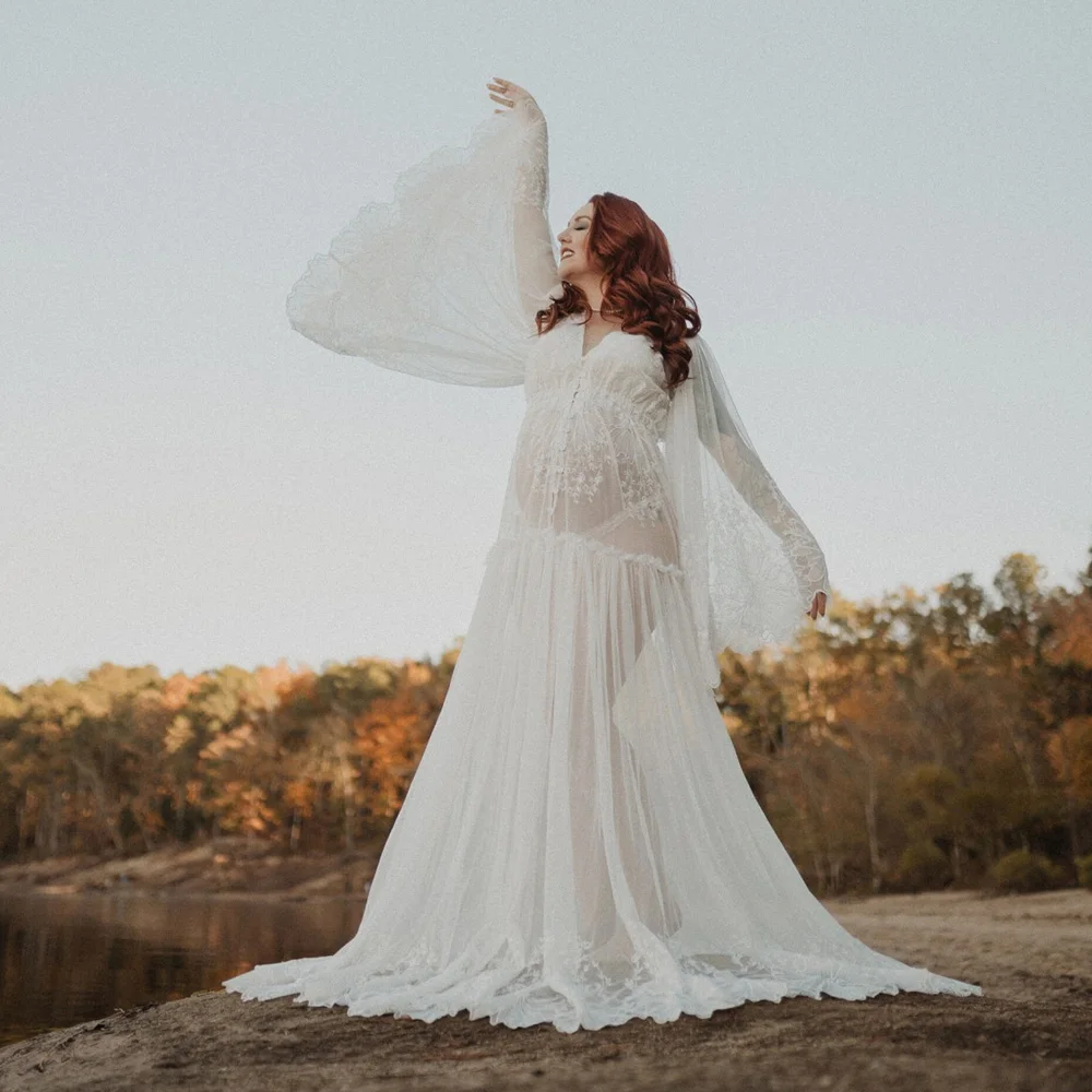 Maternity Gown For Photo Shoot Elegant Cotton Thread Embroidered Soft Mesh Outer Robe Grossese Shooting Photo Baby Shower Dress