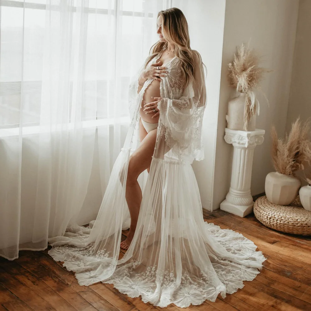 Maternity Gown For Photo Shoot Elegant Cotton Thread Embroidered Soft Mesh Outer Robe Grossese Shooting Photo Baby Shower Dress