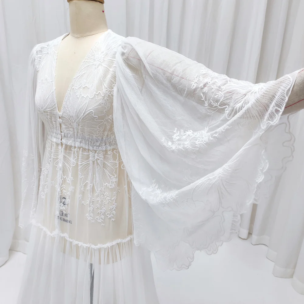 Maternity Gown For Photo Shoot Elegant Cotton Thread Embroidered Soft Mesh Outer Robe Grossese Shooting Photo Baby Shower Dress