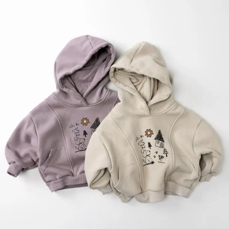 2025 Winter New Children Plus Velvet Thick Hoodie Vintage Kids Fleece Tops Boys Girls Warm Hooded Sweatshirt Baby Clothes