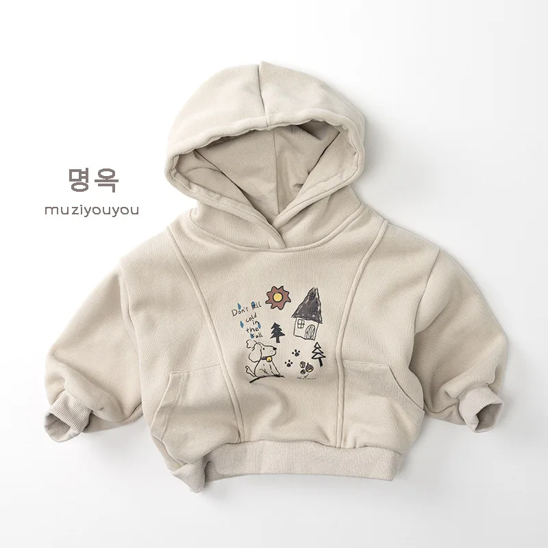 2025 Winter New Children Plus Velvet Thick Hoodie Vintage Kids Fleece Tops Boys Girls Warm Hooded Sweatshirt Baby Clothes