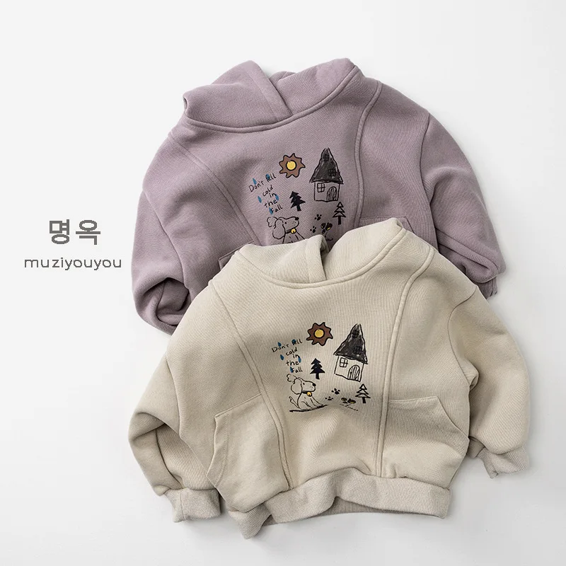 2025 Winter New Children Plus Velvet Thick Hoodie Vintage Kids Fleece Tops Boys Girls Warm Hooded Sweatshirt Baby Clothes