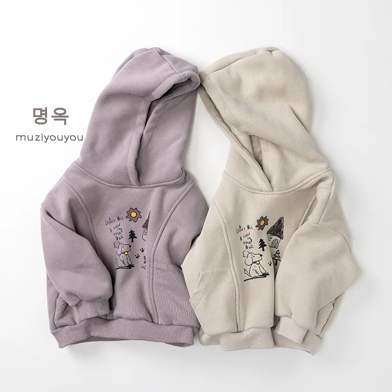 2025 Winter New Children Plus Velvet Thick Hoodie Vintage Kids Fleece Tops Boys Girls Warm Hooded Sweatshirt Baby Clothes