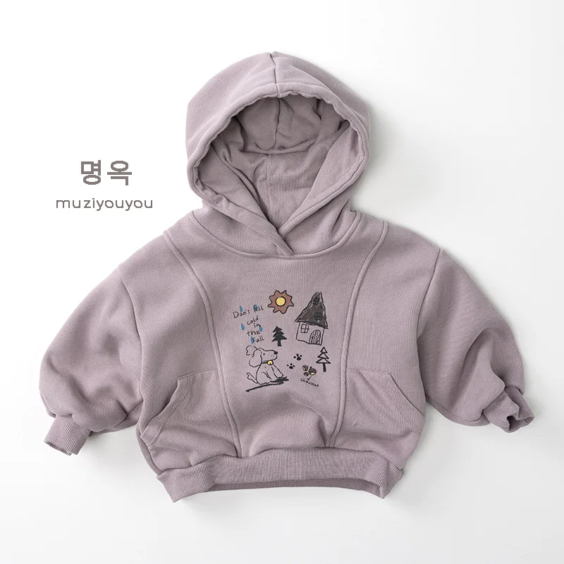 2025 Winter New Children Plus Velvet Thick Hoodie Vintage Kids Fleece Tops Boys Girls Warm Hooded Sweatshirt Baby Clothes