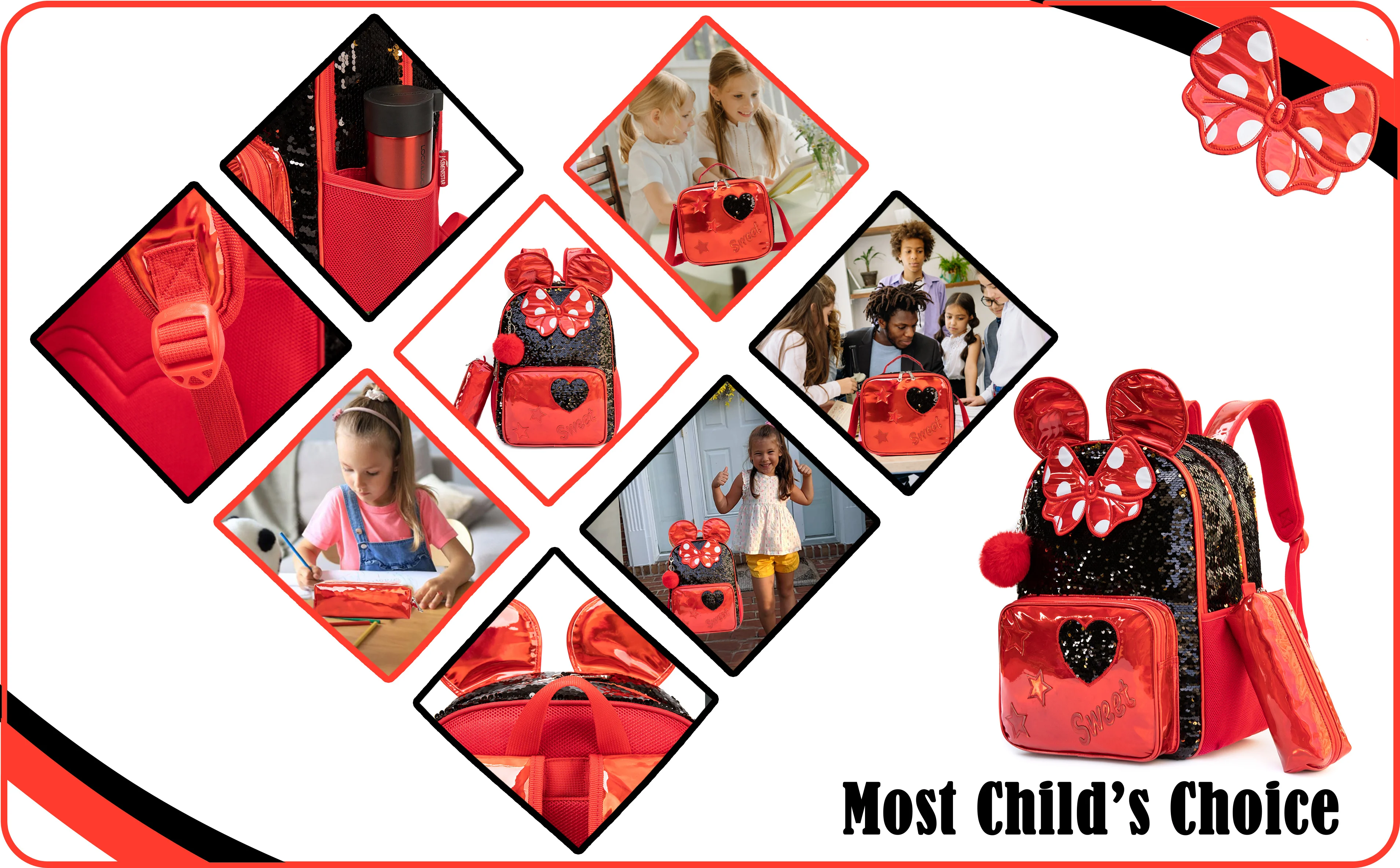 Backpack for Girls 16" Backpacks for Girls for School Sequin Backpack with Lunch Box for Elementary Students