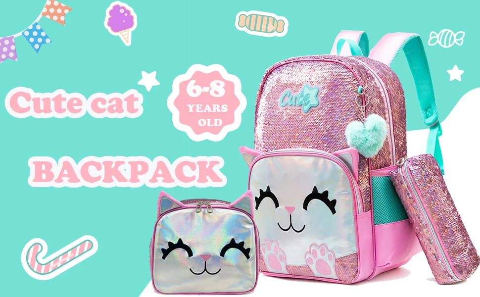 Backpack for Girls 16" Backpacks for Girls for School Sequin Backpack with Lunch Box for Elementary Students
