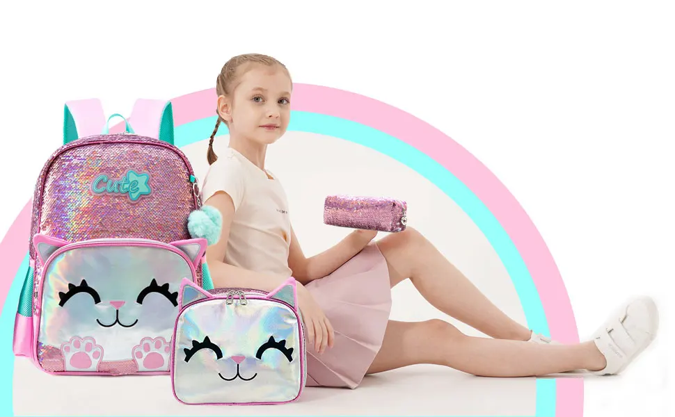 Backpack for Girls 16" Backpacks for Girls for School Sequin Backpack with Lunch Box for Elementary Students