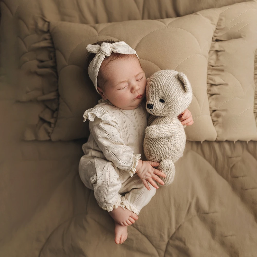 Newborn Photography Props Lace Romper with Bow Headband Baby Girl Outfit Infant Photo Shoot Costume Boutique Set