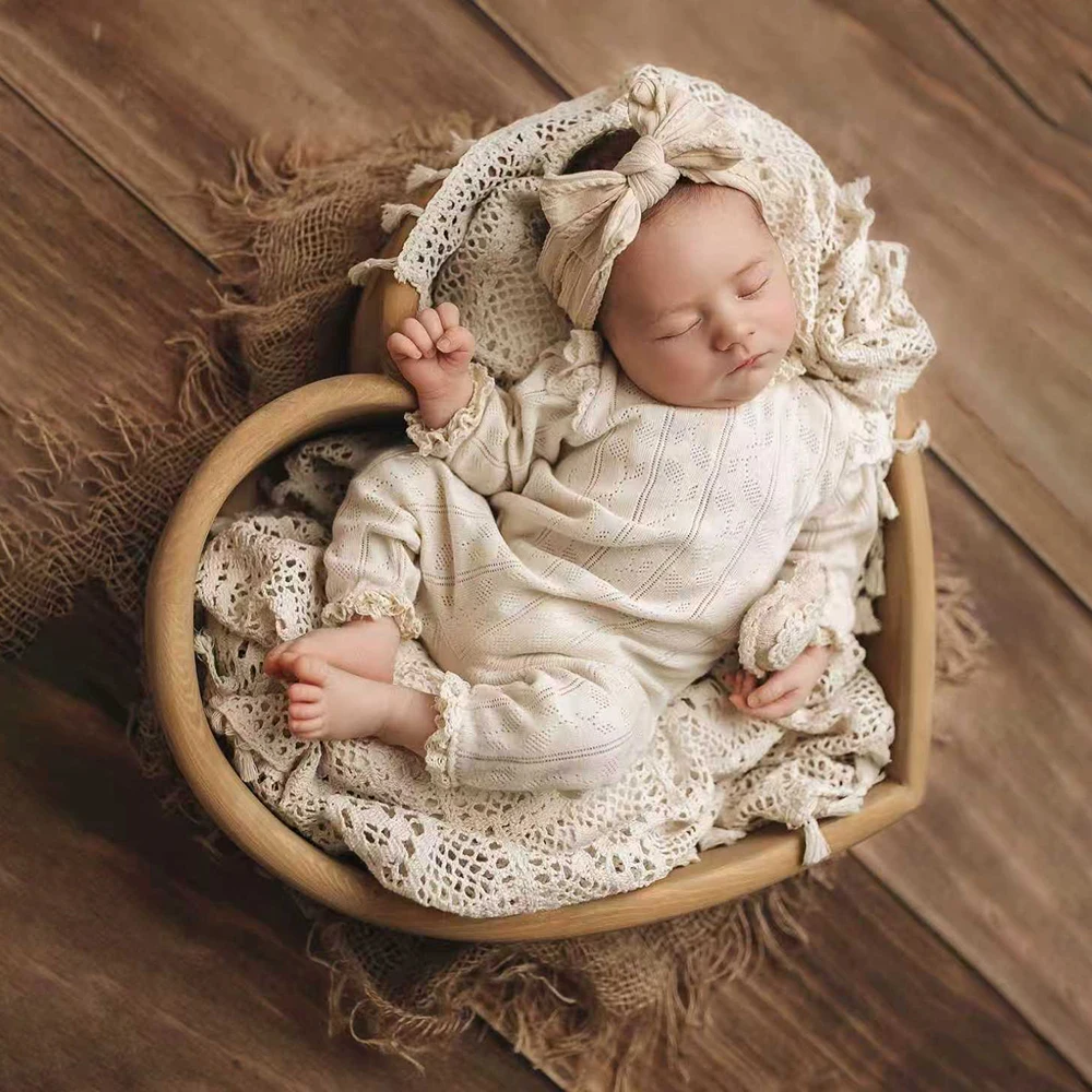Newborn Photography Props Lace Romper with Bow Headband Baby Girl Outfit Infant Photo Shoot Costume Boutique Set