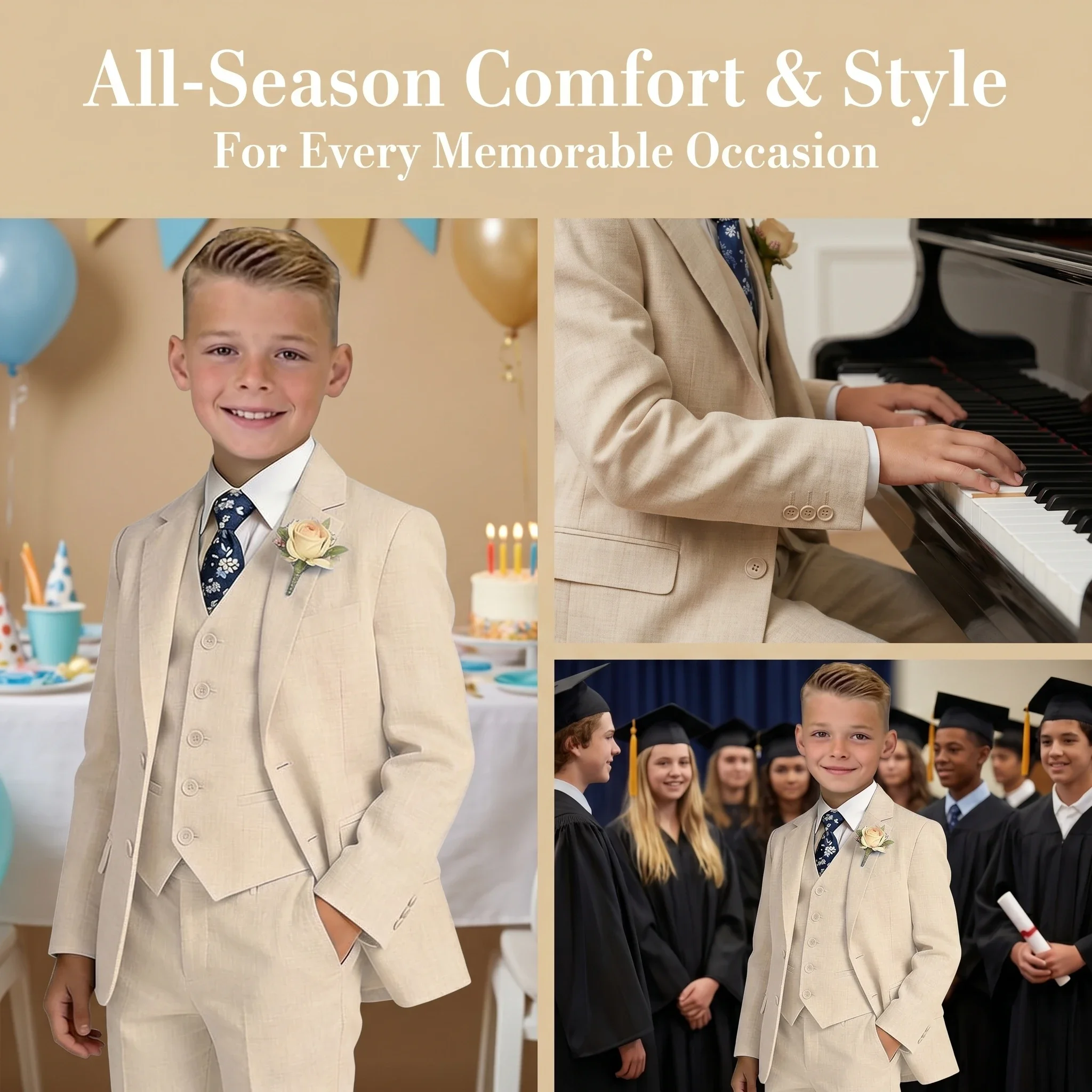 Boy's Linen Suit , 4 Piece Regular Fit Tuxedo for Kids, Jacket Vest Pants Tie Communion Piano Preformance Ring Bearer Suits
