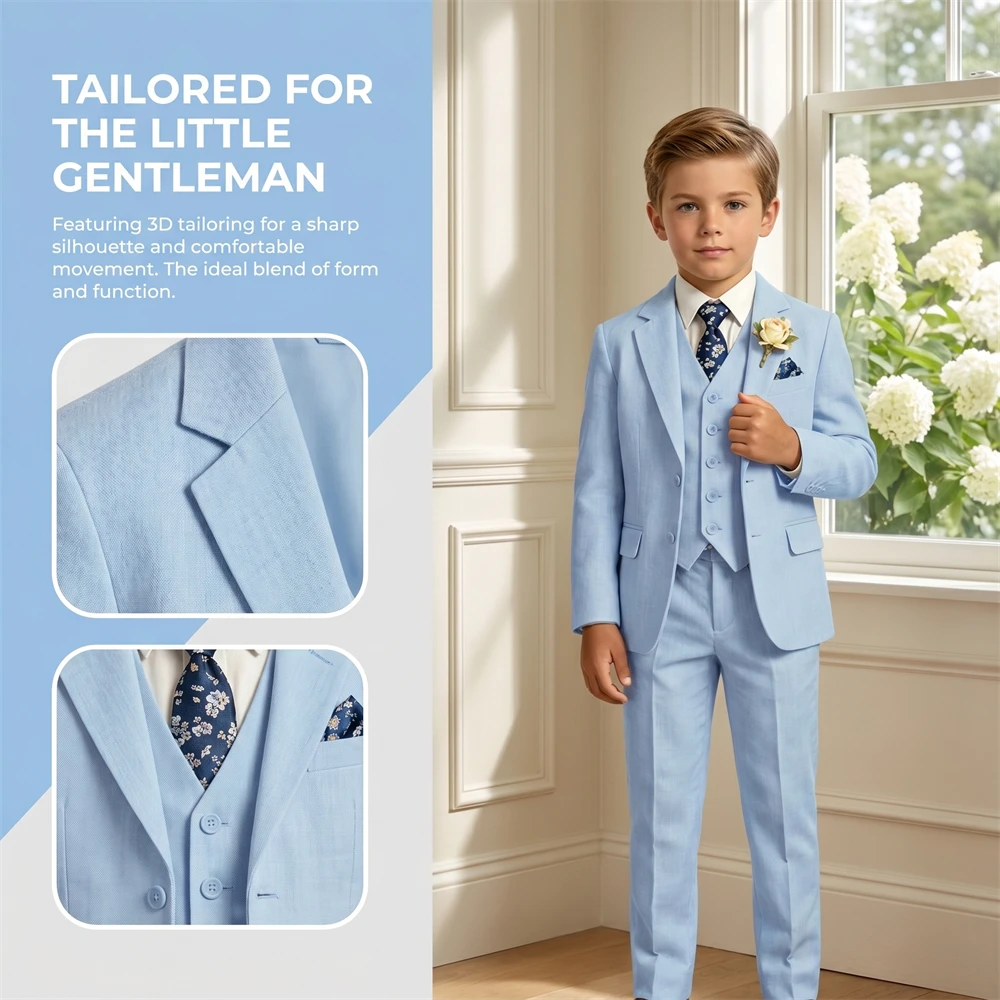 Boy's Linen Suit , 4 Piece Regular Fit Tuxedo for Kids, Jacket Vest Pants Tie Communion Piano Preformance Ring Bearer Suits