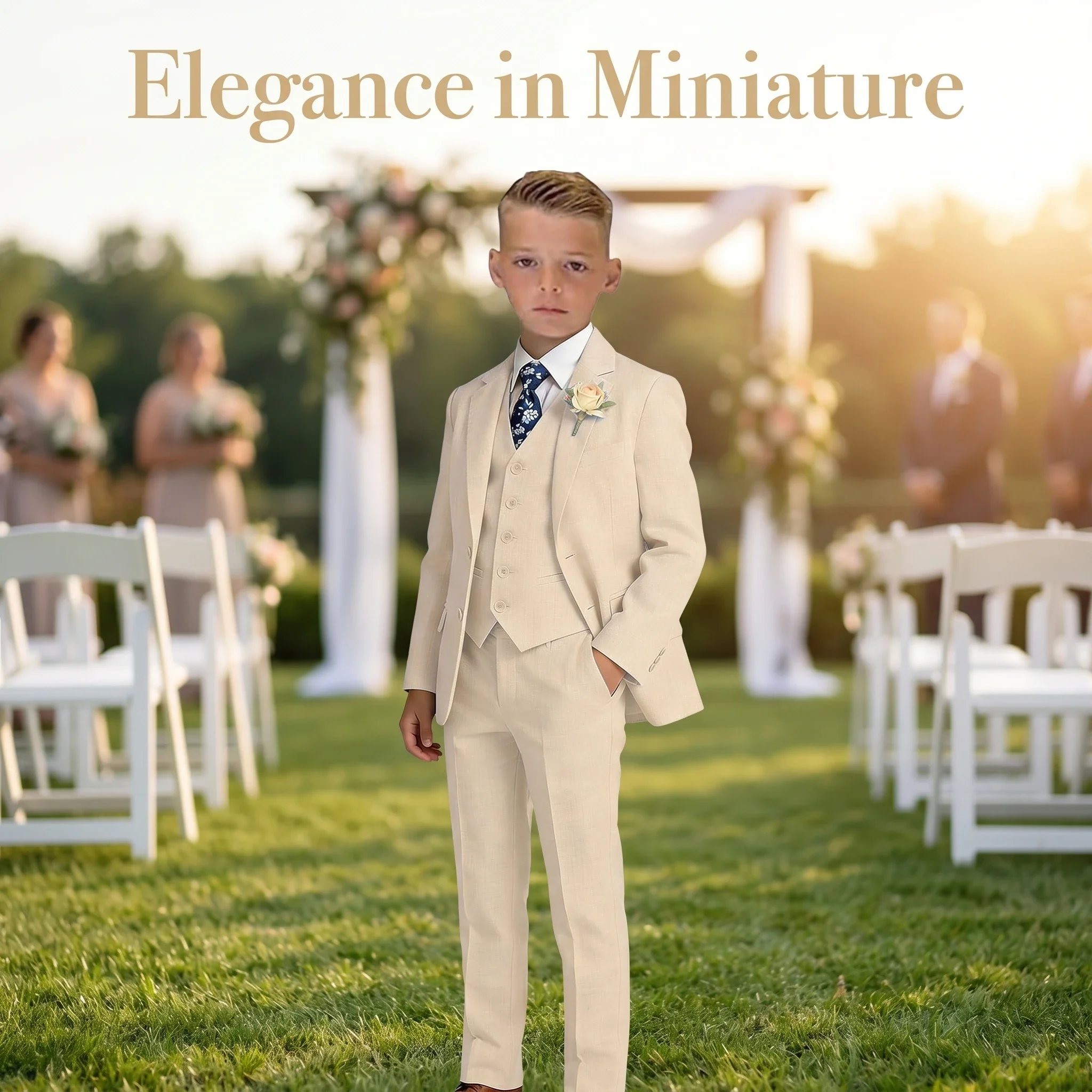 Boy's Linen Suit , 4 Piece Regular Fit Tuxedo for Kids, Jacket Vest Pants Tie Communion Piano Preformance Ring Bearer Suits