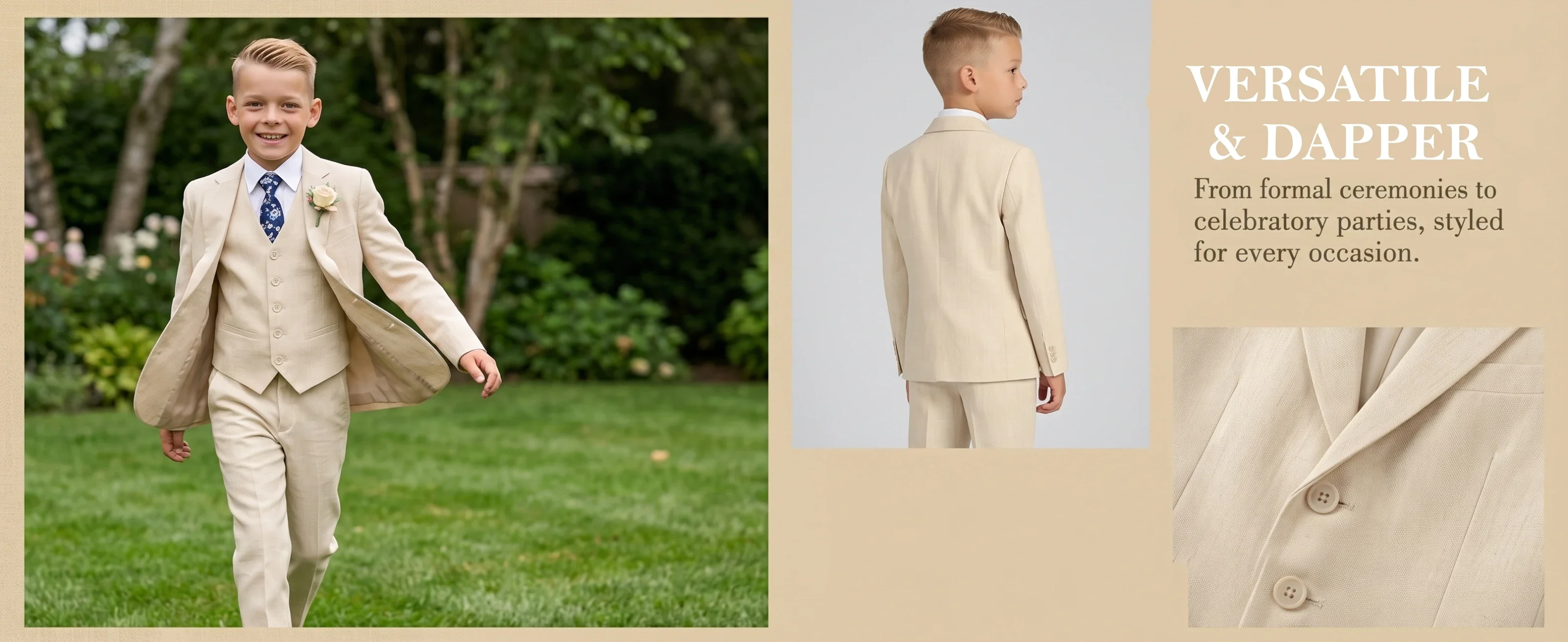 Boy's Linen Suit , 4 Piece Regular Fit Tuxedo for Kids, Jacket Vest Pants Tie Communion Piano Preformance Ring Bearer Suits