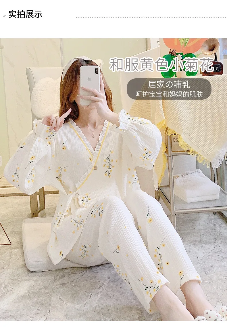 Pure Cotton Gauze Maternity Breastfeeding Nursing Clothing Spring Summer New Thin Breathable Floral Pajamas Suit