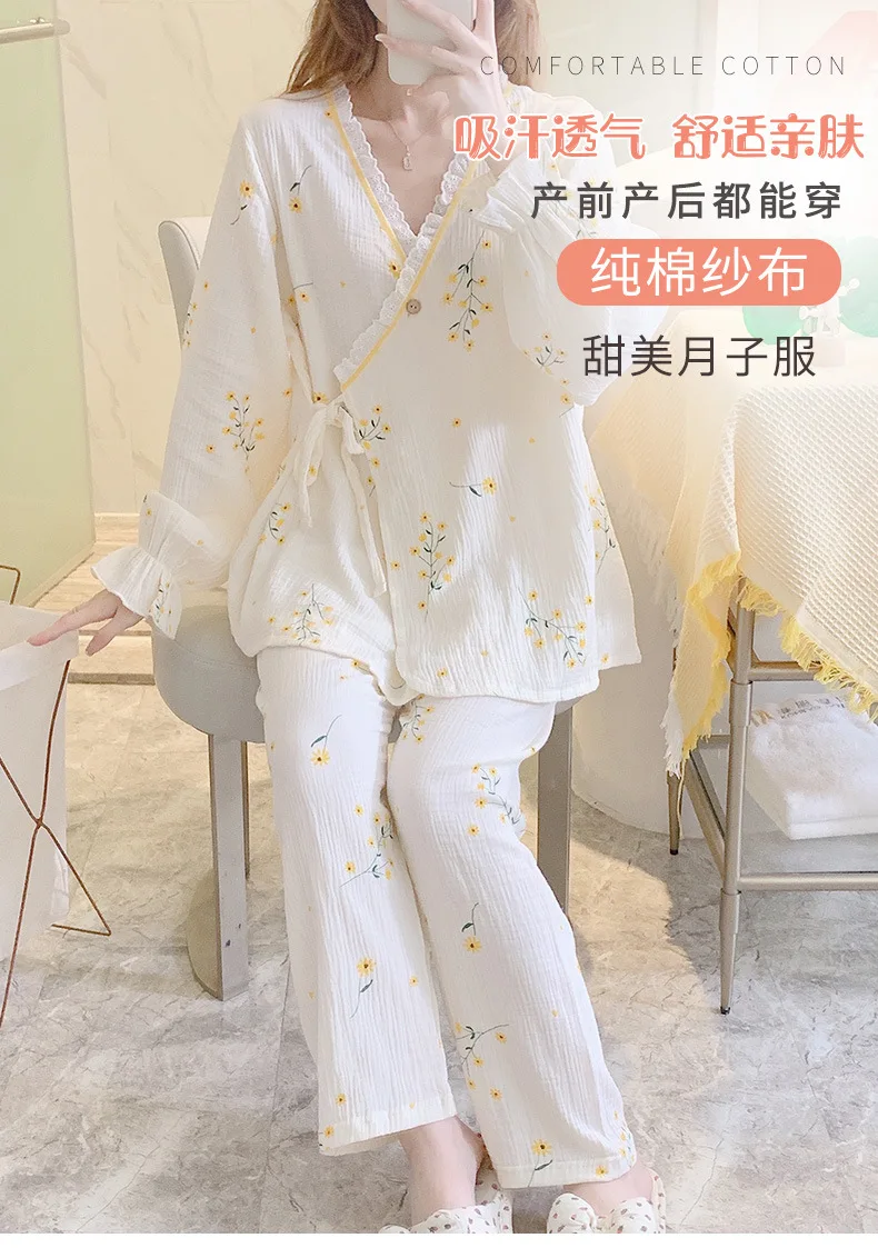 Pure Cotton Gauze Maternity Breastfeeding Nursing Clothing Spring Summer New Thin Breathable Floral Pajamas Suit