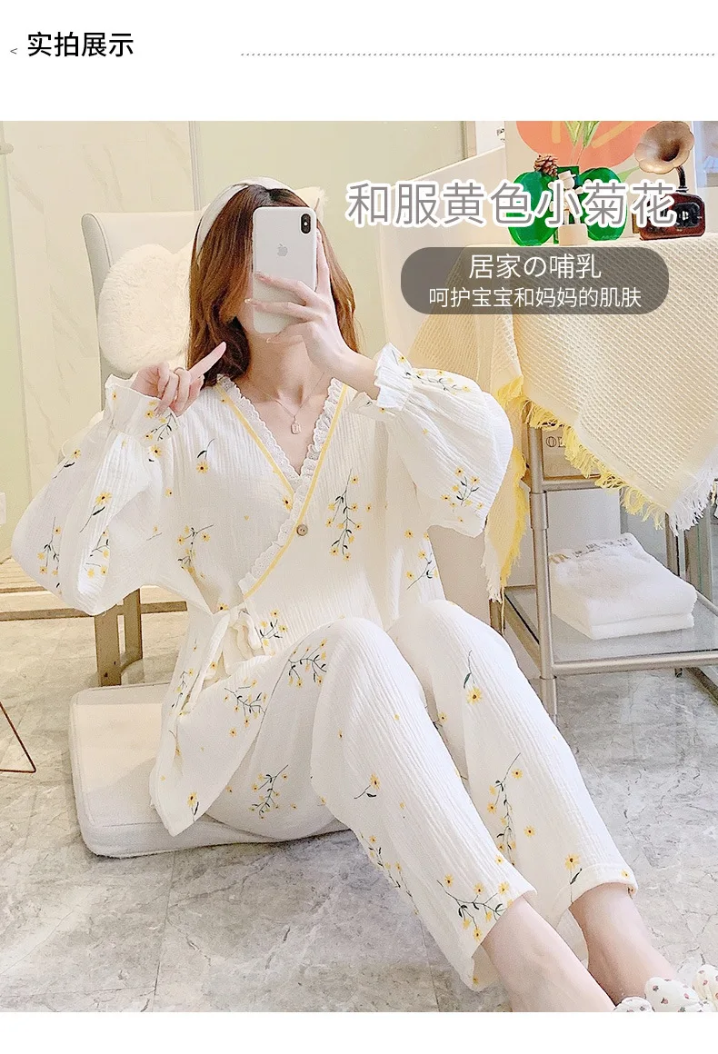 Pure Cotton Gauze Maternity Breastfeeding Nursing Clothing Spring Summer New Thin Breathable Floral Pajamas Suit