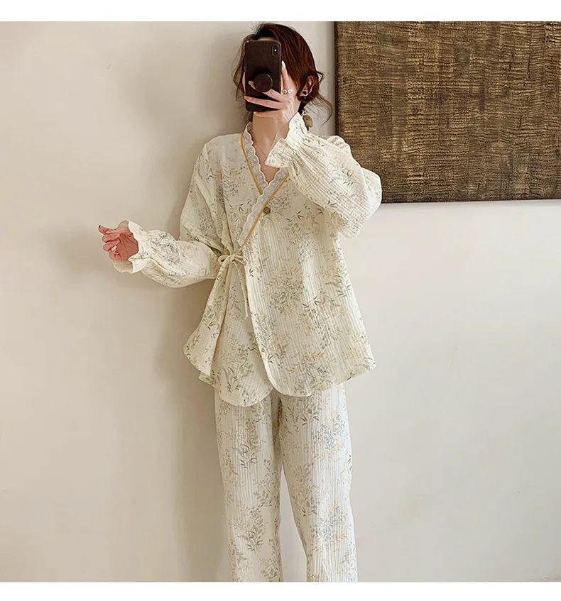 Pure Cotton Gauze Maternity Breastfeeding Nursing Clothing Spring Summer New Thin Breathable Floral Pajamas Suit