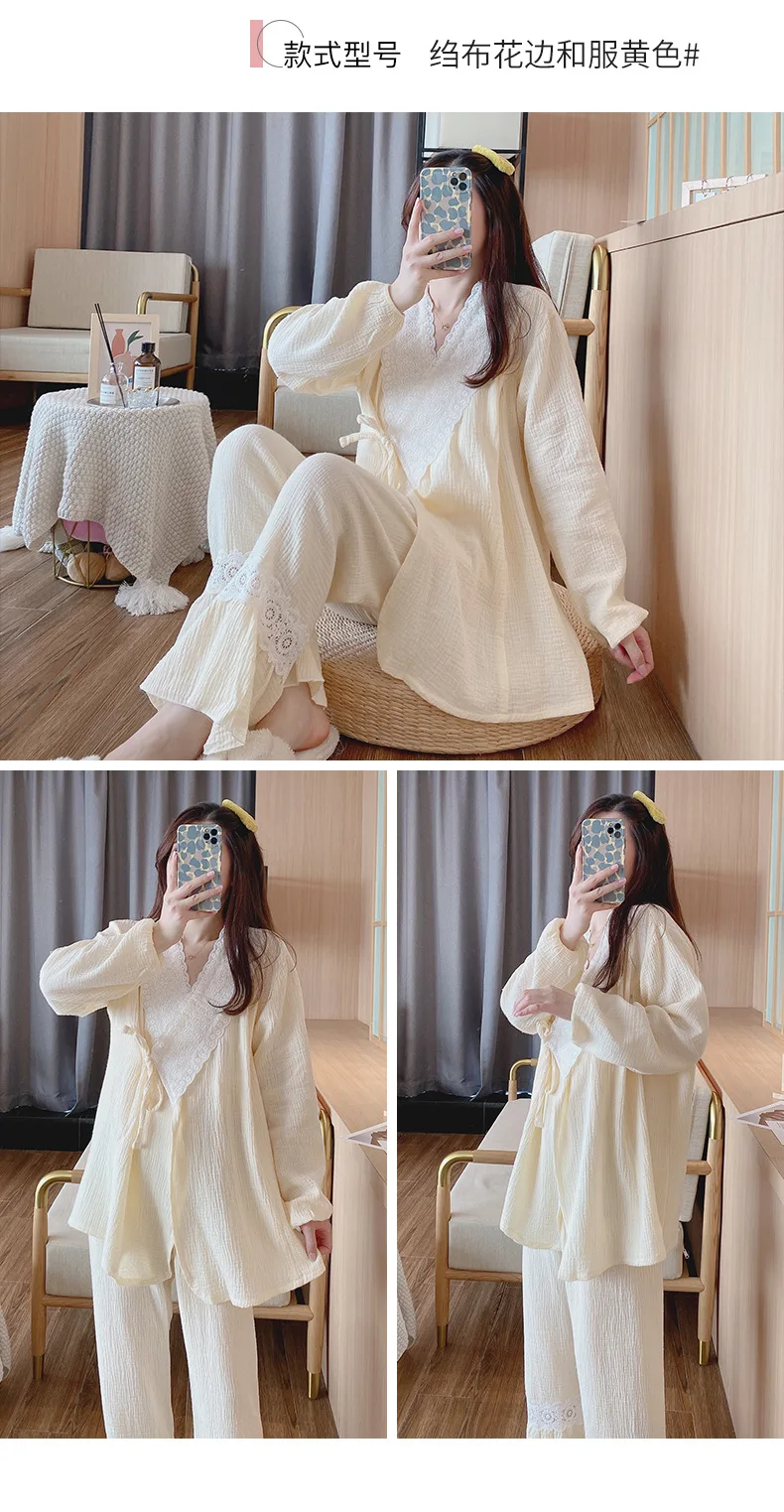 Pure Cotton Gauze Maternity Breastfeeding Nursing Clothing Spring Summer New Thin Breathable Floral Pajamas Suit