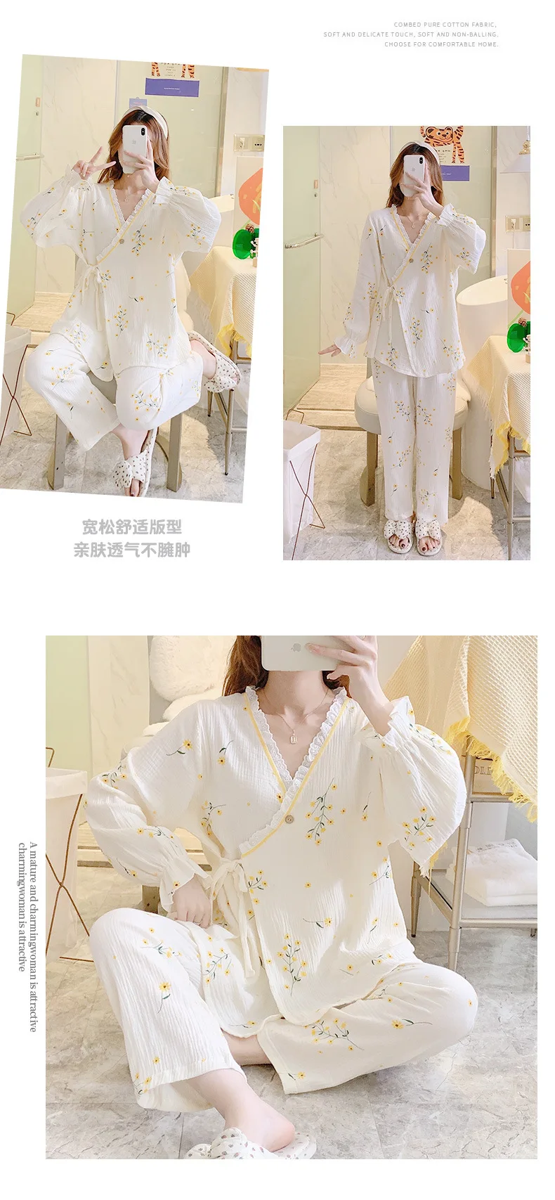 Pure Cotton Gauze Maternity Breastfeeding Nursing Clothing Spring Summer New Thin Breathable Floral Pajamas Suit