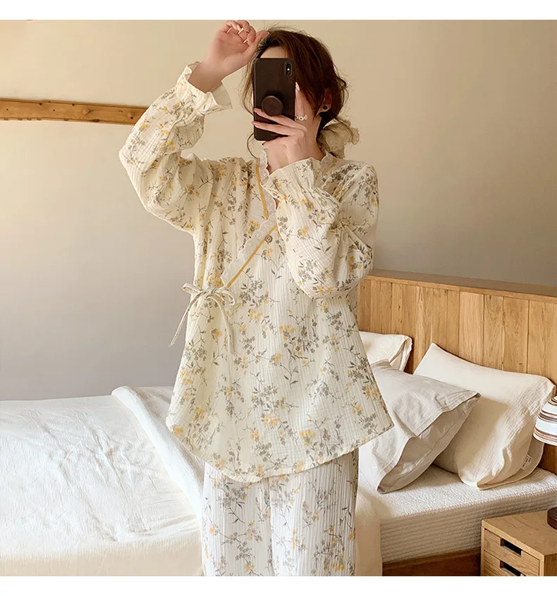 Pure Cotton Gauze Maternity Breastfeeding Nursing Clothing Spring Summer New Thin Breathable Floral Pajamas Suit