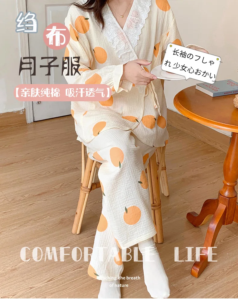 Pure Cotton Gauze Maternity Breastfeeding Nursing Clothing Spring Summer New Thin Breathable Floral Pajamas Suit